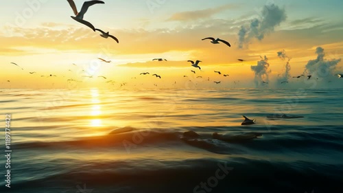 A serene sunset over a tranquil ocean, with birds soaring above the water's surface.