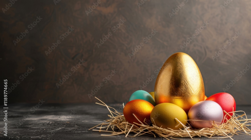 Naklejka premium Golden egg surrounded by colorful Easter eggs in straw nest, symbolizing celebration and joy. Perfect for springtime themes and holiday decorations