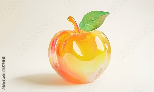 Glass peach fruit sculpture, vibrant colors, studio shot.