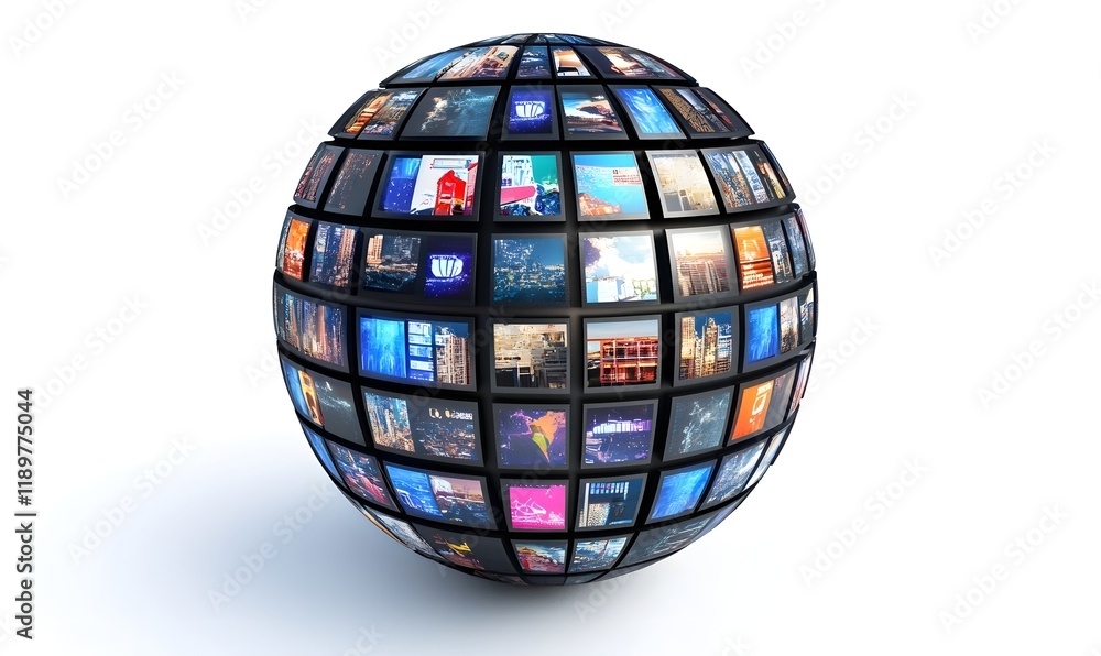 Global network of digital screens displaying diverse content. Global network of digital screens displaying diverse content.