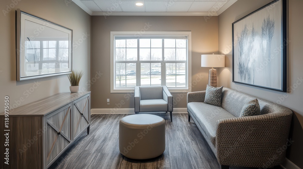 Naklejka premium A cozy relaxation room with a soft seating area, complemented by a sideboard and a large window.