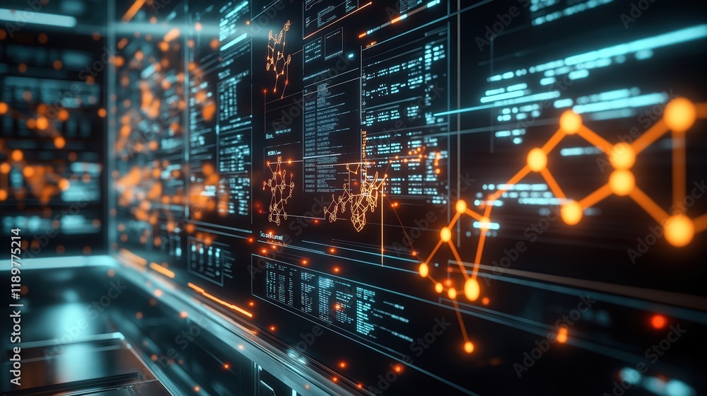 Fototapeta premium Futuristic lab shows ai tech accelerating drug development. Digital molecular models, complex data visualizations displayed on screens. Advanced tech, science combine for faster health care