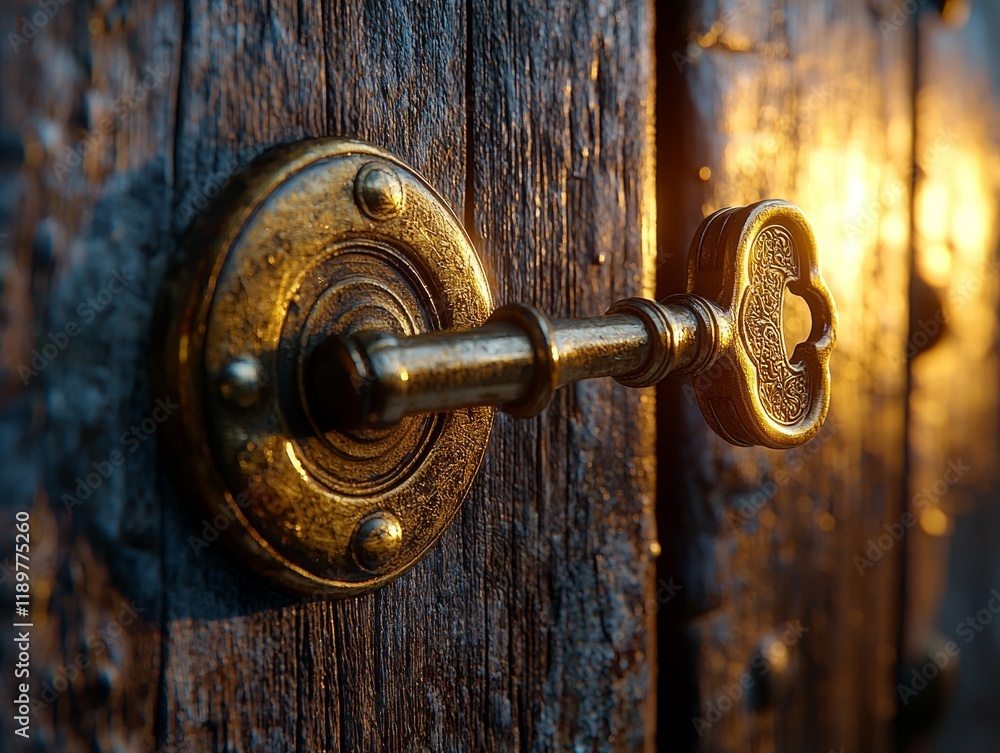 close up view reveals detailed key firmly placed in vintage lock showcasing textured metalwork. sturdy wooden door glows softly in warm natural light enhancing its charm. close up view reveals detailed key firmly placed in vintage lock showcasing textured metalwork. sturdy wooden door glows softly in warm natural light enhancing its charm.