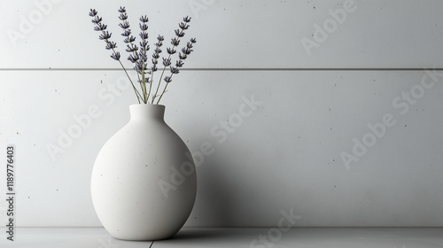 A minimalist vase with one sprig of lavender, for calmness. photo