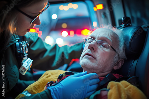 Paramedic gently checking an elderly patient in an ambulance at night.