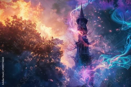 A mystical tower emerges amidst vibrant colors and swirling energy, evoking a sense of wonder.