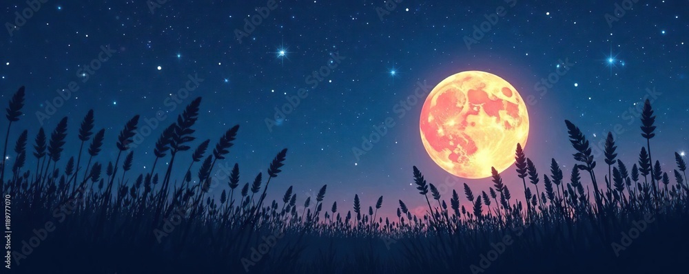Tall grass sways in the breeze, silhouetted against a full moon and starry night sky, landscape, tall grass Tall grass sways in the breeze, silhouetted against a full moon and starry night sky, landscape, tall grass