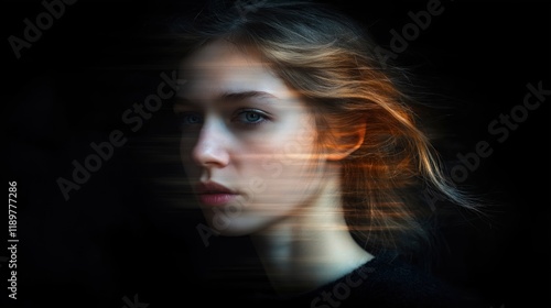 Woman with emotional distress. Studio portrait of woman showing mental health crisis. Face blurred. Looks pensive, sorrowful. Background black. Photo used for mental health awareness campaigns