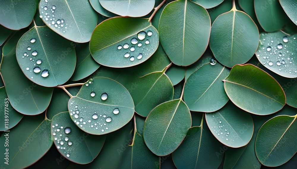 Fototapeta premium Close-up of dew-kissed eucalyptus leaves. Lush, green, and vibrant.