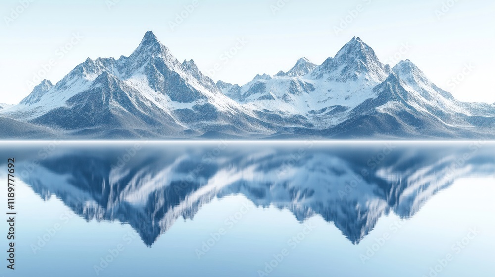 Obraz premium Serene mountain lake reflects snow-capped peaks. Calm water mirrors tranquil peaks. Pristine white background isolates scene. Perfect for nature enthusiasts. Stunning winter landscape. Tranquil