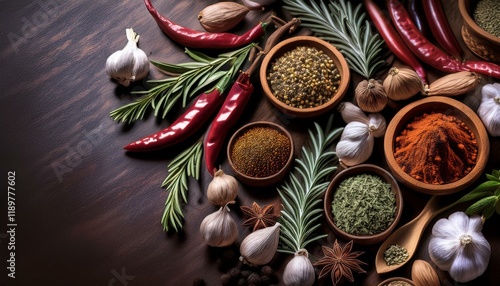 Aromatic spices and herbs on dark wood.
