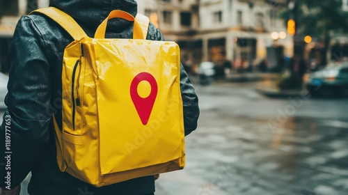 A food backpack with a location mark, depicting a courier and delivery setup, emphasizing the convenience of food delivery services. photo