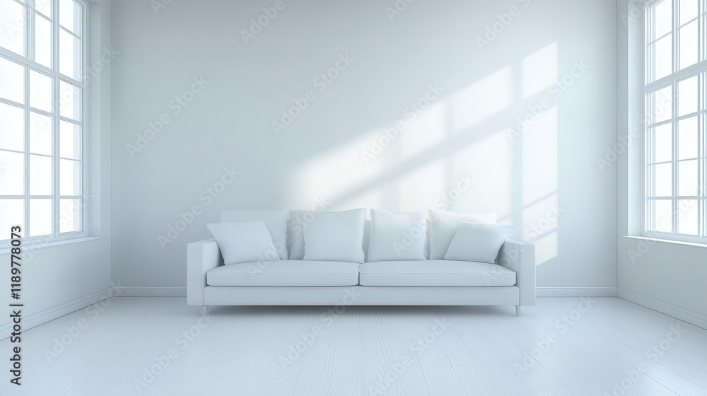 Fototapeta premium Fresh white living room with clean lines, cozy furnishings, and a minimalist design.
