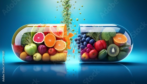 Vibrant fruits & vegetables fill a giant capsule, symbolizing healthy eating.