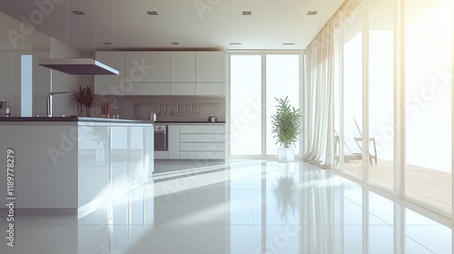 A front view of a bright kitchen room interior showcases a panoramic window that floods the space with natural light. photo