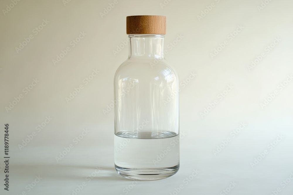 Glass bottle with wooden top partially filled with water Glass bottle with wooden top partially filled with water