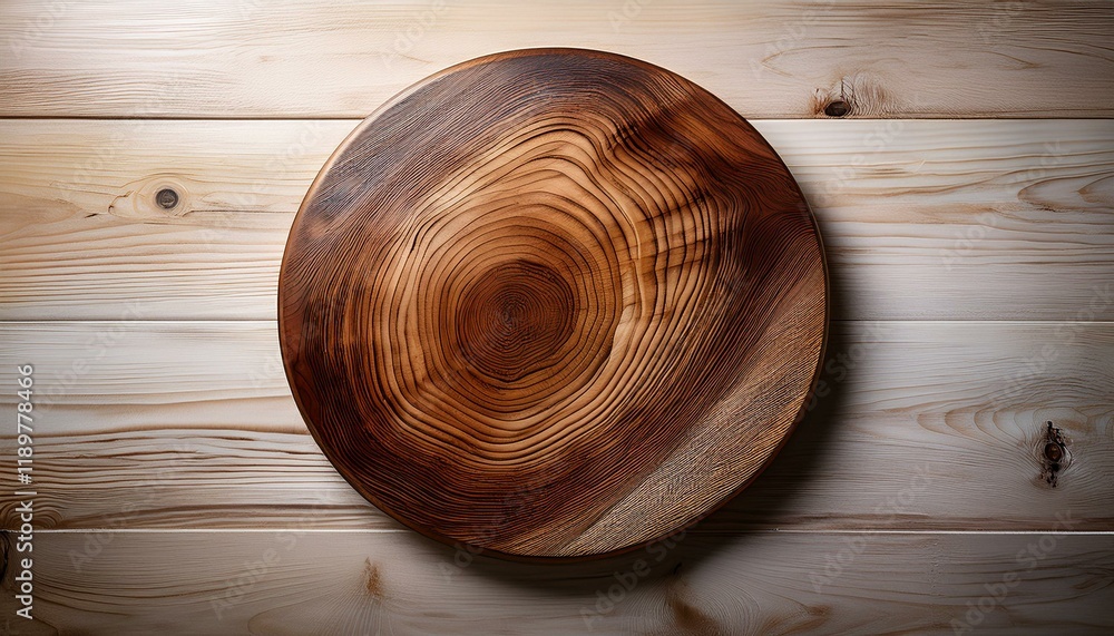 Rustic wooden plate on a light wood background. Perfect for food photography or artisanal product displays. Rustic wooden plate on a light wood background. Perfect for food photography or artisanal product displays.