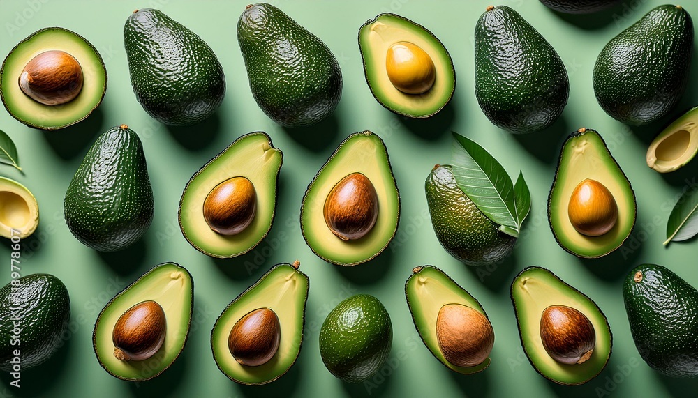 Whole and halved avocados arranged on a green background. Whole and halved avocados arranged on a green background.