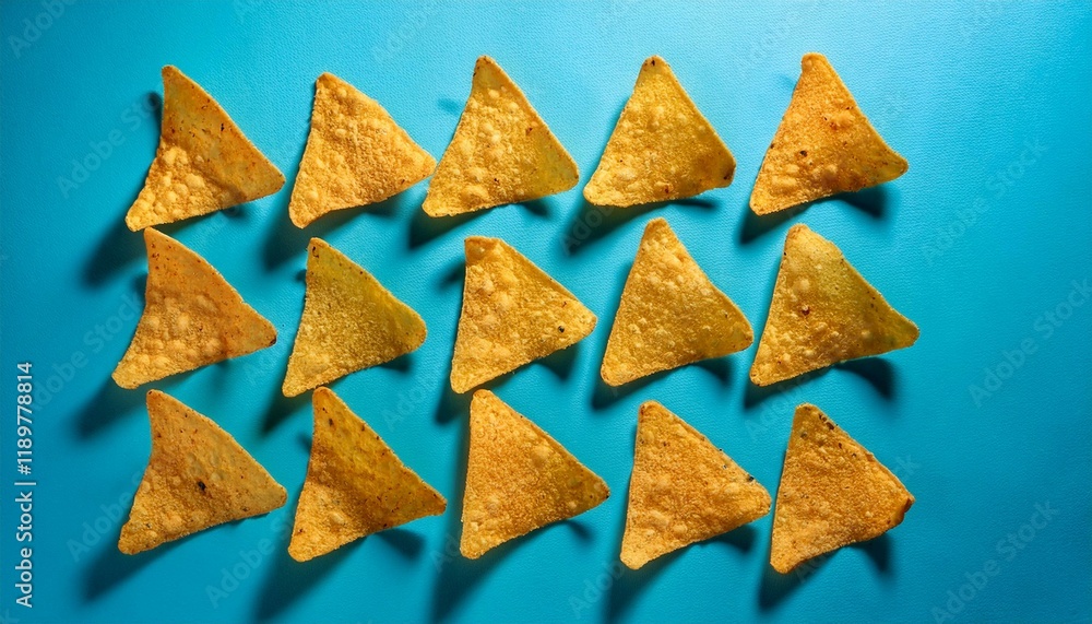 Crispy tortilla chips arranged on a vibrant blue background. Crispy tortilla chips arranged on a vibrant blue background.