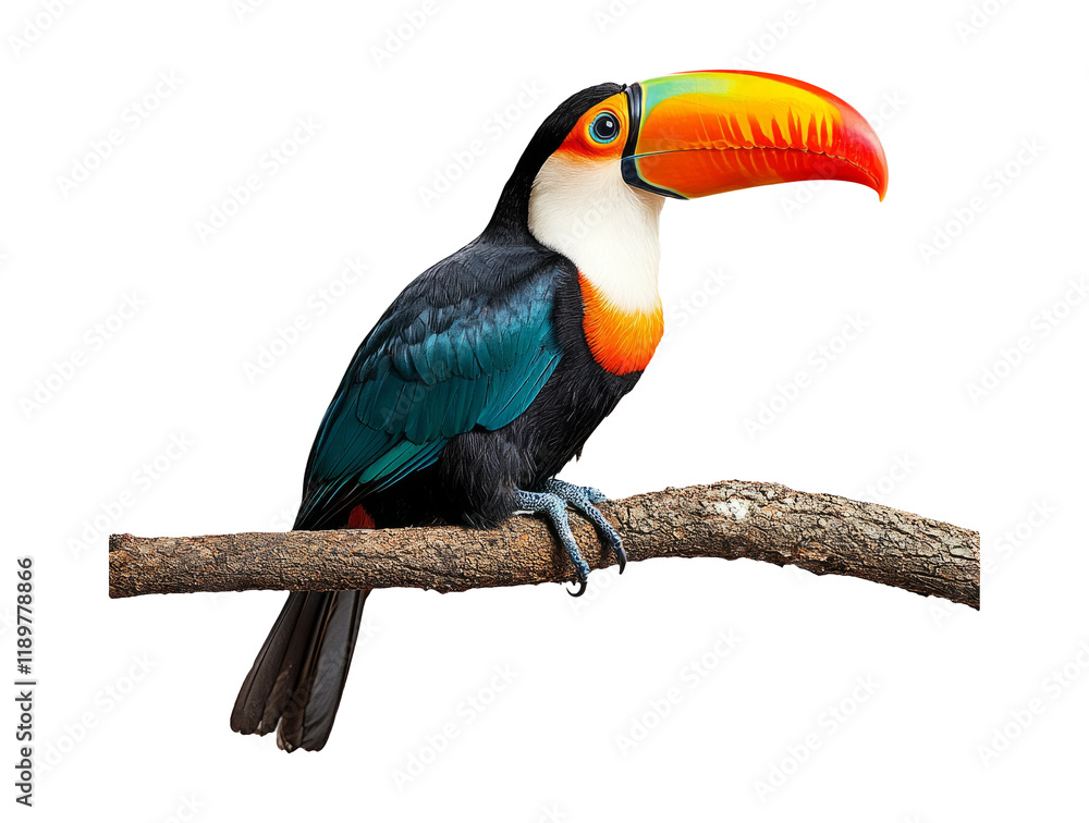 Obraz premium Colorful Toucan Perched on Branch with Transparency