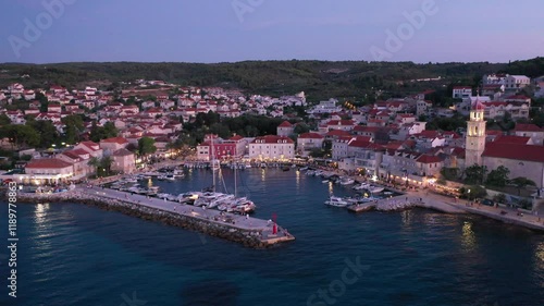 Sutivan, Croatia - Sunset Aerial Of The Village And Bell Tower. Captivating Drone Footage Of Sutivan On Brač Island, Croatia, Showing The Bell Tower And The Coastal Village At Sunset.