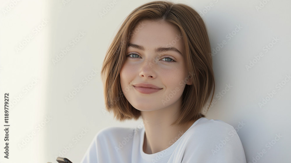 Young woman smiling softly, leaning against white wall. Young woman smiling softly, leaning against white wall.