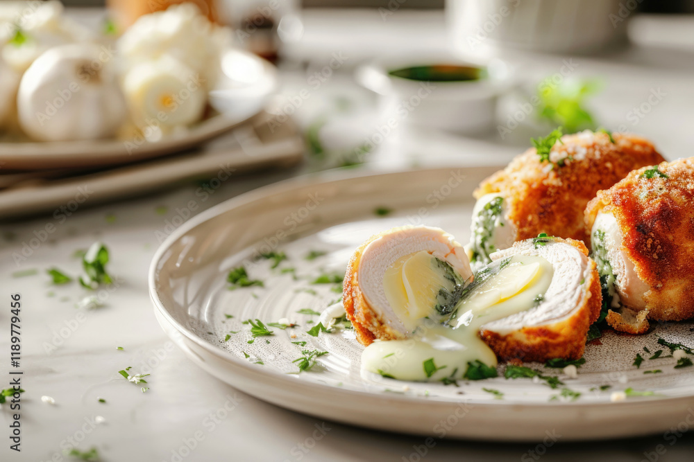 Crispy Golden Chicken Kiev with Melted Garlic Herb Butter on White Plate Crispy Golden Chicken Kiev with Melted Garlic Herb Butter on White Plate