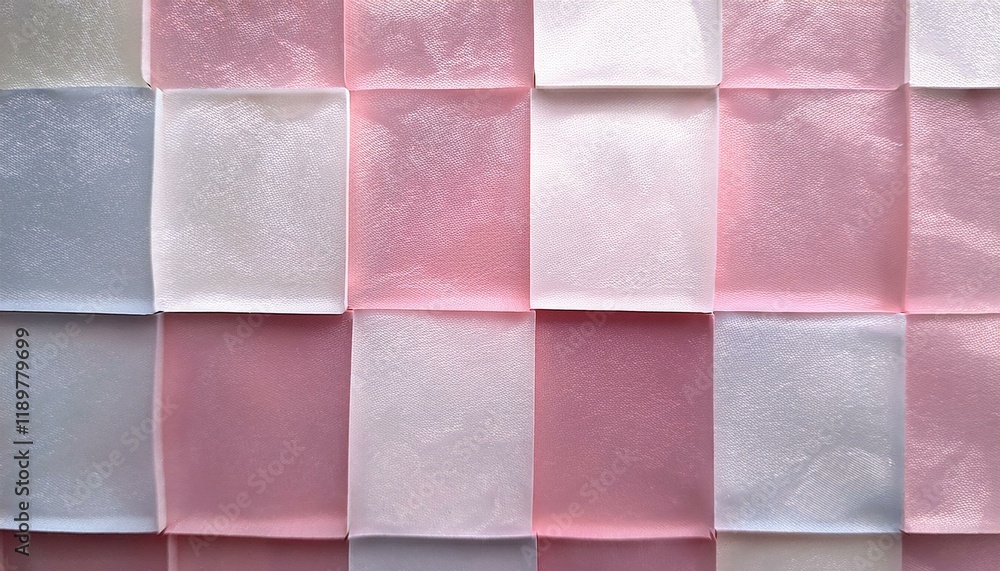 Fototapeta premium Pastel pink and white square tiles create a soft, dreamy background.