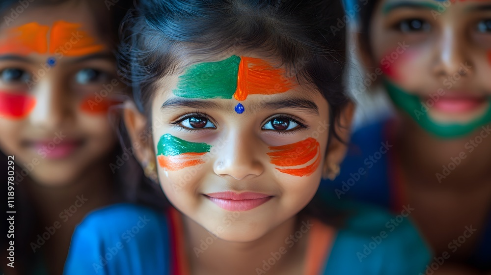 Fototapeta premium Smiling girl, painted face, Holi festival, India, childhood