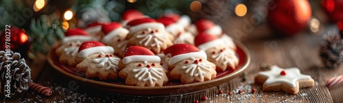 Cookies in a bowl with santa hats on a table, christmas background, banner, copy space photo