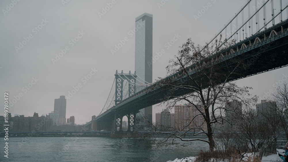 Obraz premium New York city Manhattan Bridge view with snow 
