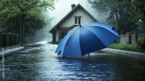 A house protected by a large blue umbrella amidst a flood on the streets, symbolizing home insurance coverage against rain and storm. photo