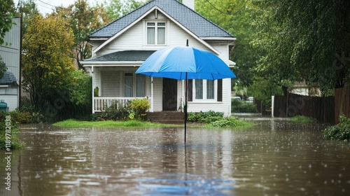 A house protected by a large blue umbrella amidst a flood on the streets, symbolizing home insurance coverage against rain and storm. photo