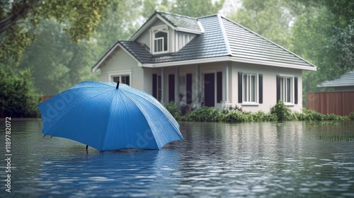 A house protected by a large blue umbrella amidst a flood on the streets, symbolizing home insurance coverage against rain and storm. photo