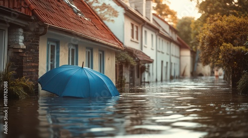 A house protected by a large blue umbrella amidst a flood on the streets, symbolizing home insurance coverage against rain and storm. photo