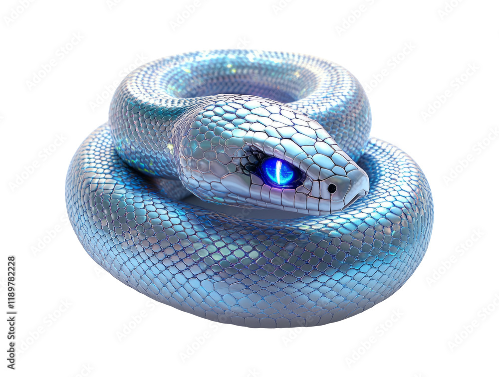 Fototapeta premium Blue Scaled Snake with Glowing Eyes on Transparent Background