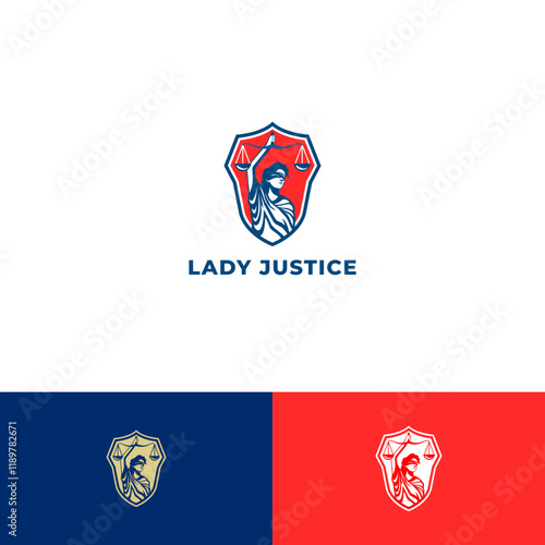 A vector logo of Lady Justice with a shield design, featuring red and navy colors.