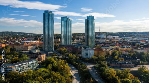 Gothenburg, Sweden ? september 7 2007: Looking up tall glass and steel high-rise of Gothia Towers. photo