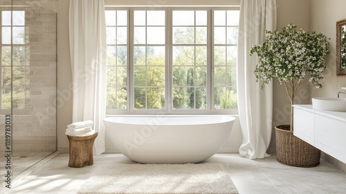 A light and airy bathroom interior featuring a shower and bathtub positioned near a window, complemented by a mockup design. photo