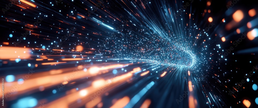 Fototapeta premium Futuristic Hyperloop Transit System with Neon Light Trails in Mega City at Night