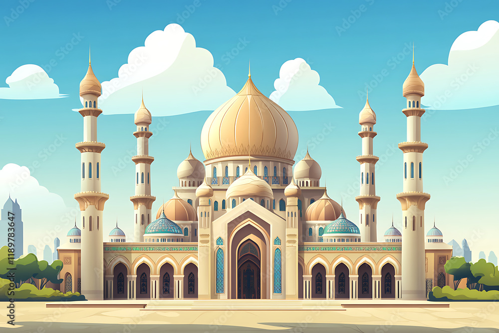 Obraz premium A grand, stylized mosque with multiple domes and minarets, set against a clear sky.