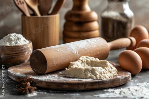 Wooden rolling pin and dough on a floured board photo