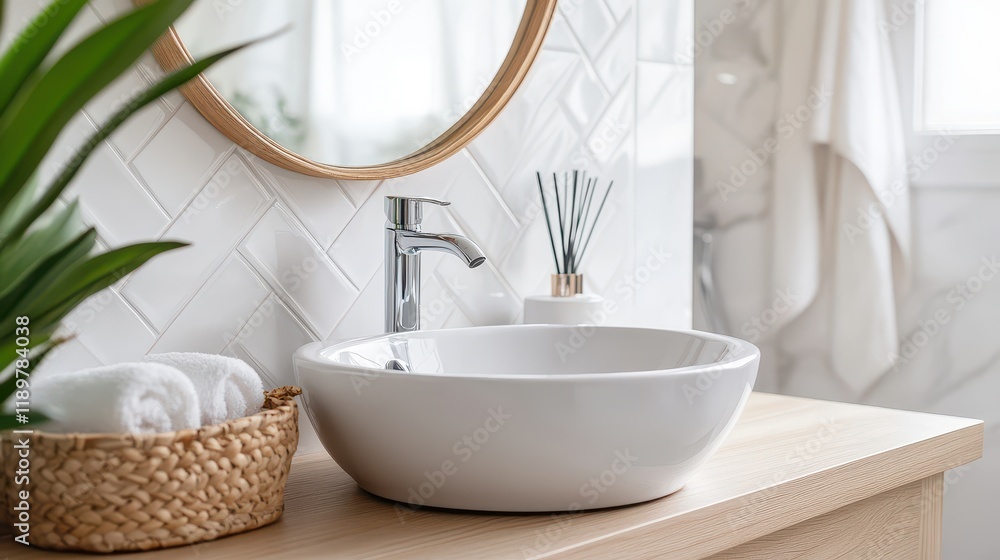Fototapeta premium A light bathroom interior featuring a sink and mirror, complemented by accessories neatly arranged on the deck.