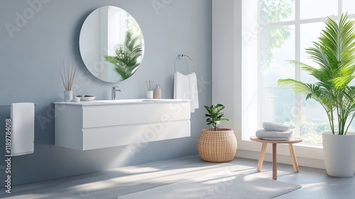 A light bathroom interior featuring a sink and mirror, complemented by accessories neatly arranged on the deck. photo