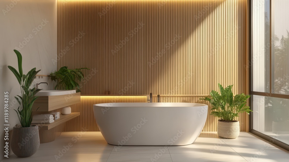Fototapeta premium A light wooden bathroom interior featuring a stylish tub and sink, creating a warm and natural ambiance.