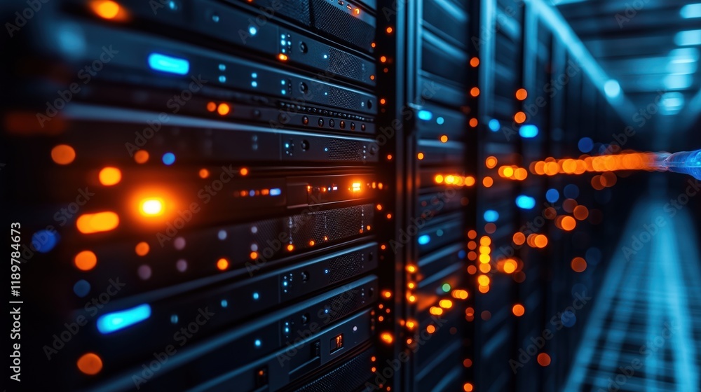 Naklejka premium Data center tech infrastructure illuminated with vibrant orange, blue lights. Close up view of server racks. Modern tech, innovation, future trends in digital communication. Advanced hardware.