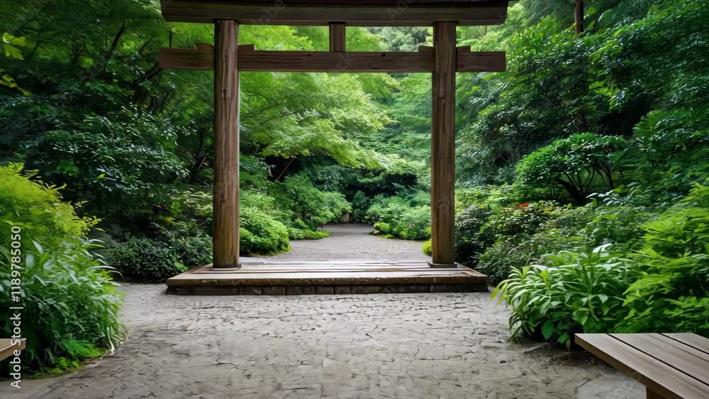 Serene Garden Pathway with Wooden Torii Gate Surrounded by Lush Greenery in Nature Serene Garden Pathway with Wooden Torii Gate Surrounded by Lush Greenery in Nature