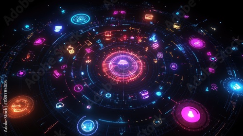 A glowing circular network of interconnected business icons and technology.