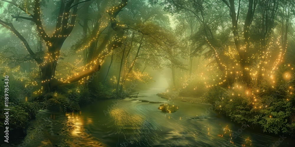 A serene forest scene illuminated by glowing lights, reflecting a magical ambiance by the water. A serene forest scene illuminated by glowing lights, reflecting a magical ambiance by the water.