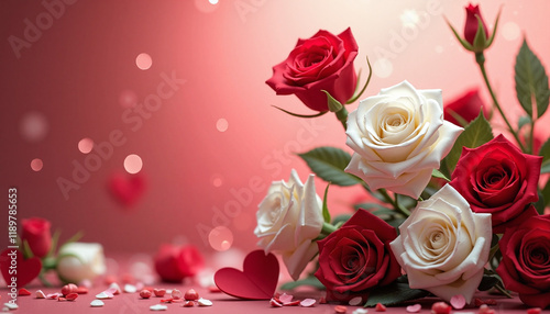 Bouquet of red and white roses with heart decorations, Valentine's Day concept